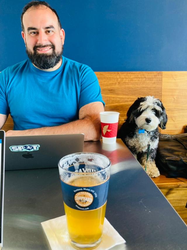 Spot's Ambassador at a dog-friendly cafe in Maine